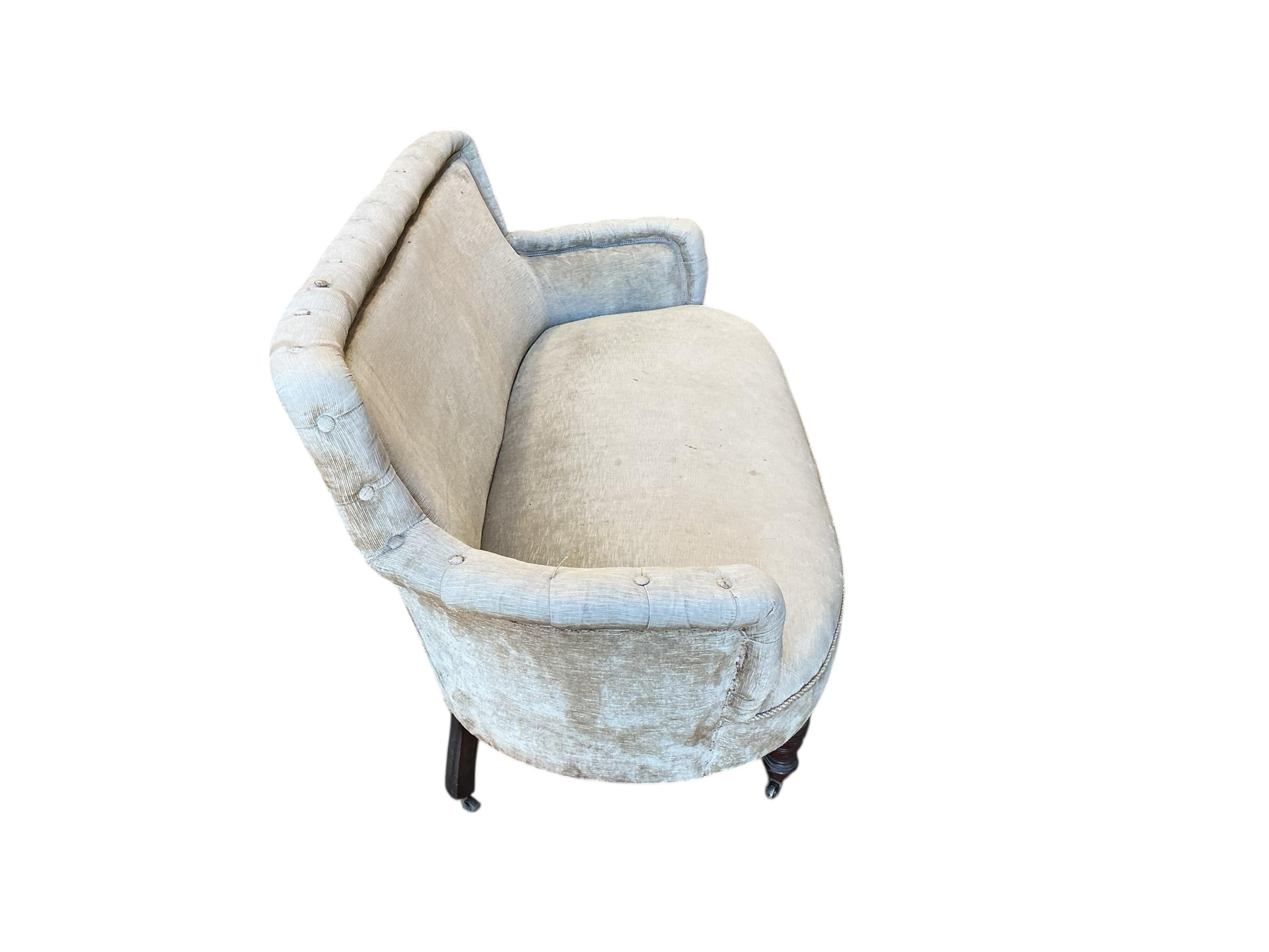 A Victorian upholstered tub framed two seater settee, width 156cm, depth 64cm, height 73cm